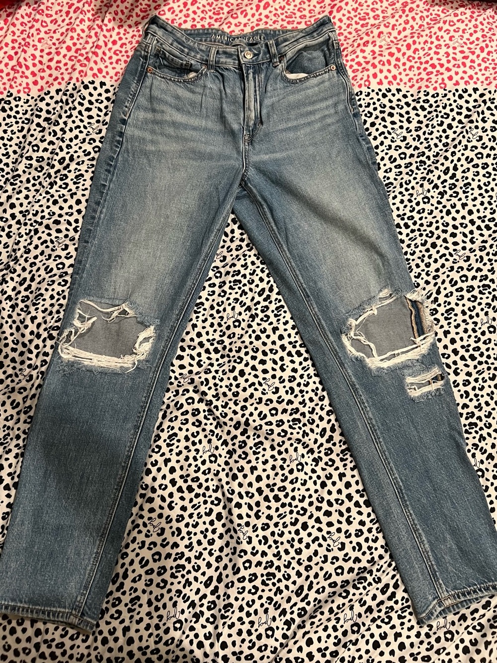 American Eagle Outfitters Distressed High-Rise Jeans - Light Blue Denim